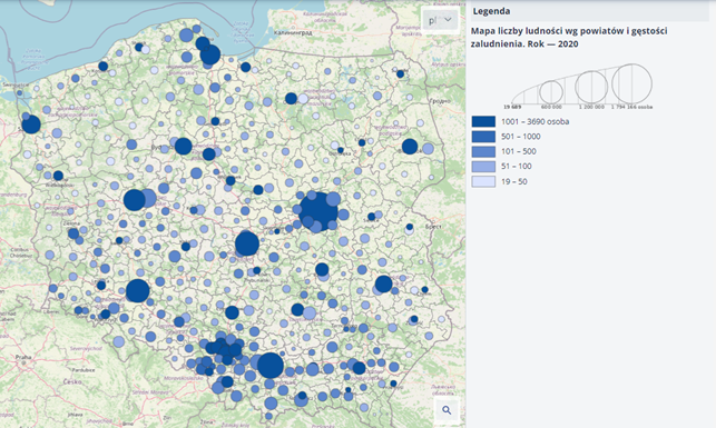 Kartodiagram kartogramiczny - mapa liczby ludności wg powiatów i gęstości zaludnienia w 2020 roku